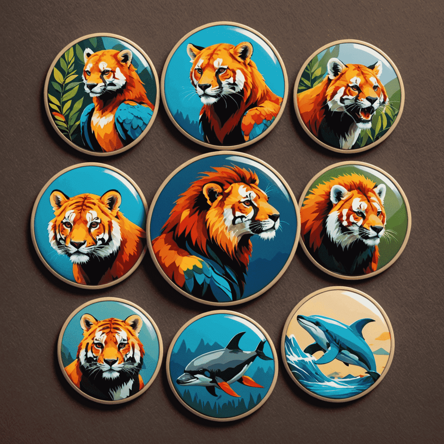 A collage of diverse animals including a colorful parrot, a majestic lion, a playful dolphin, and a curious red panda, symbolizing the variety of wildlife covered on Tagbadge