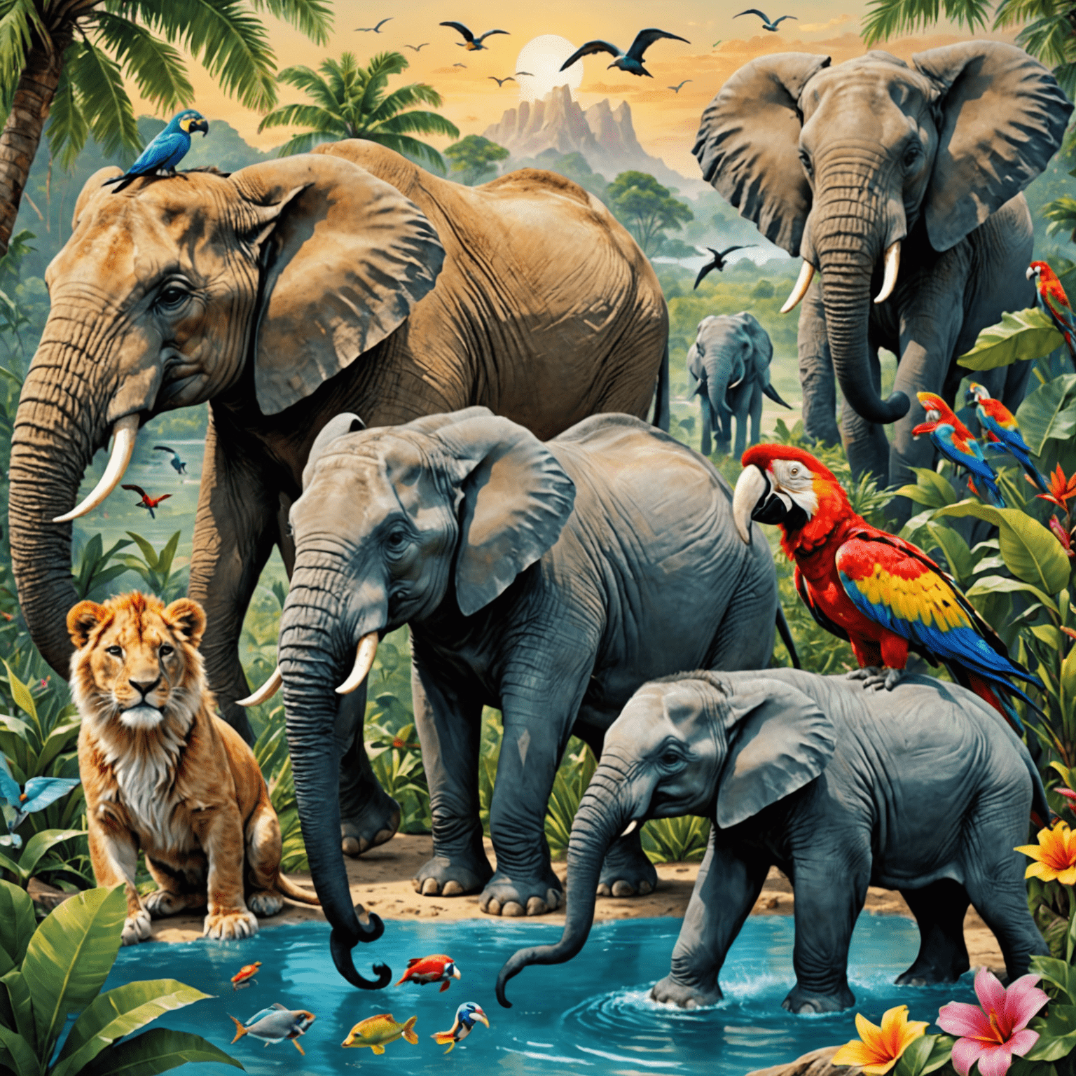 A collage of diverse animals including a curious lion cub, a colorful macaw, a playful dolphin, and a majestic elephant in their natural habitats