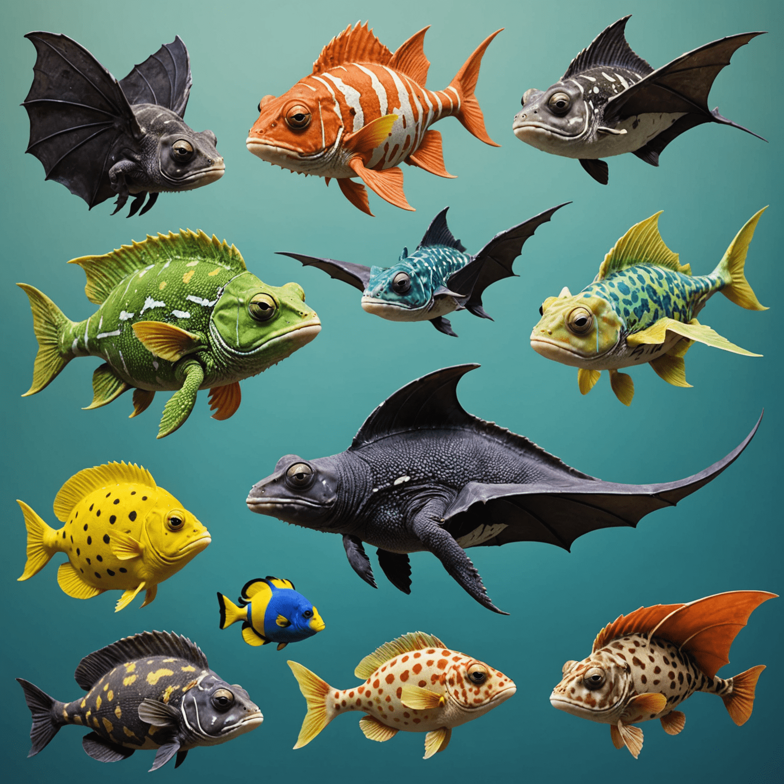 Various animals showcasing unique adaptations like a chameleon changing colors, a bat using echolocation, and a pufferfish inflating