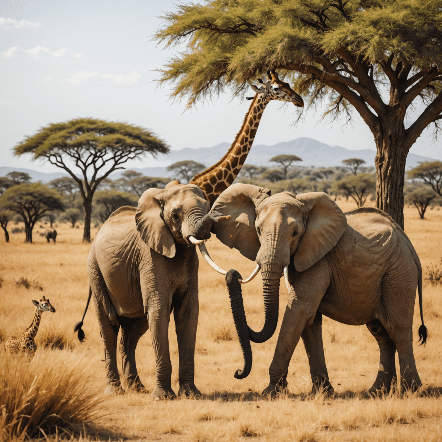 A playful scene of a young elephant and a giraffe nuzzling each other in the African savanna, surrounded by acacia trees and golden grass