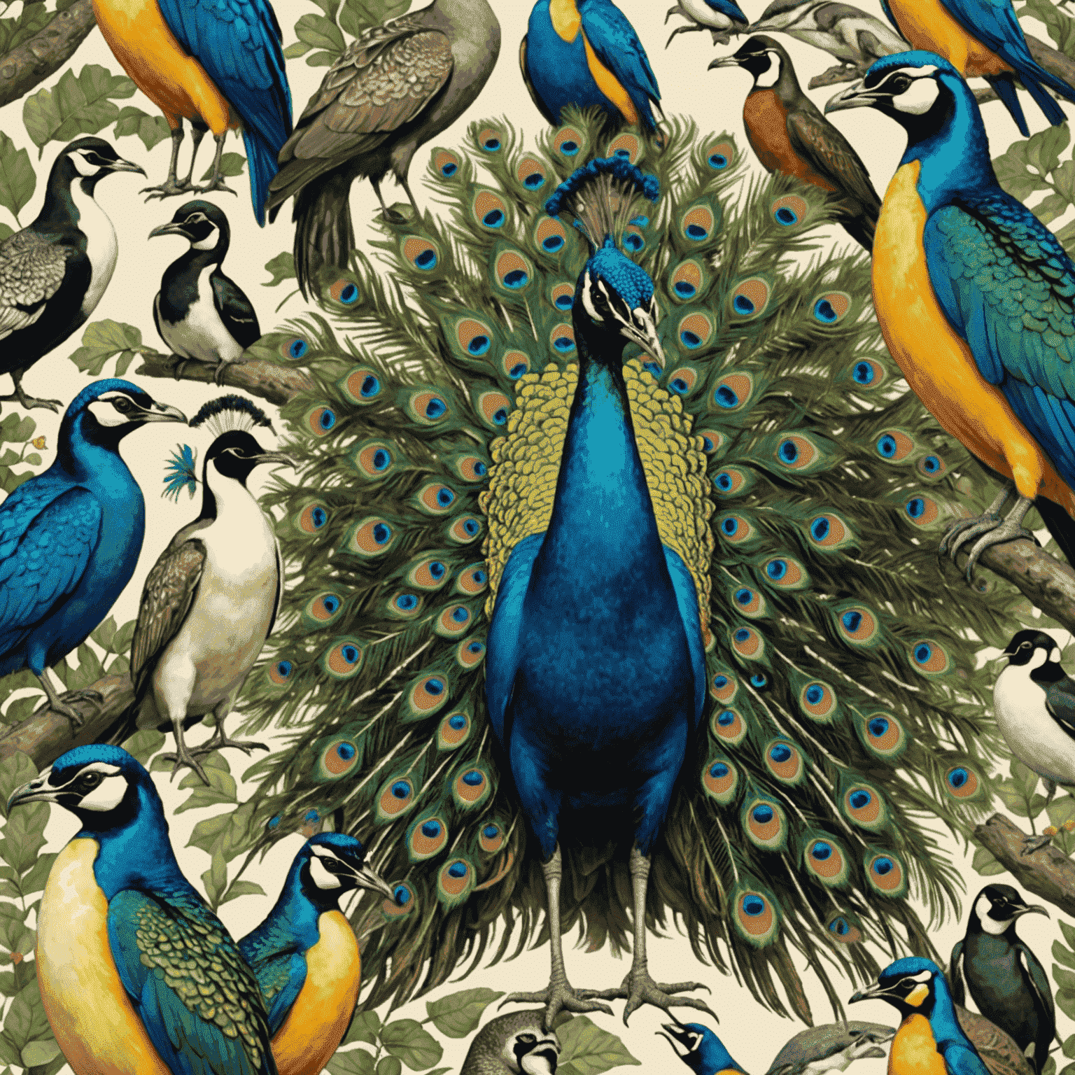 A collage of various animals exhibiting strange behaviors: a peacock displaying its feathers, a group of emperor penguins huddling, and a chameleon changing its color