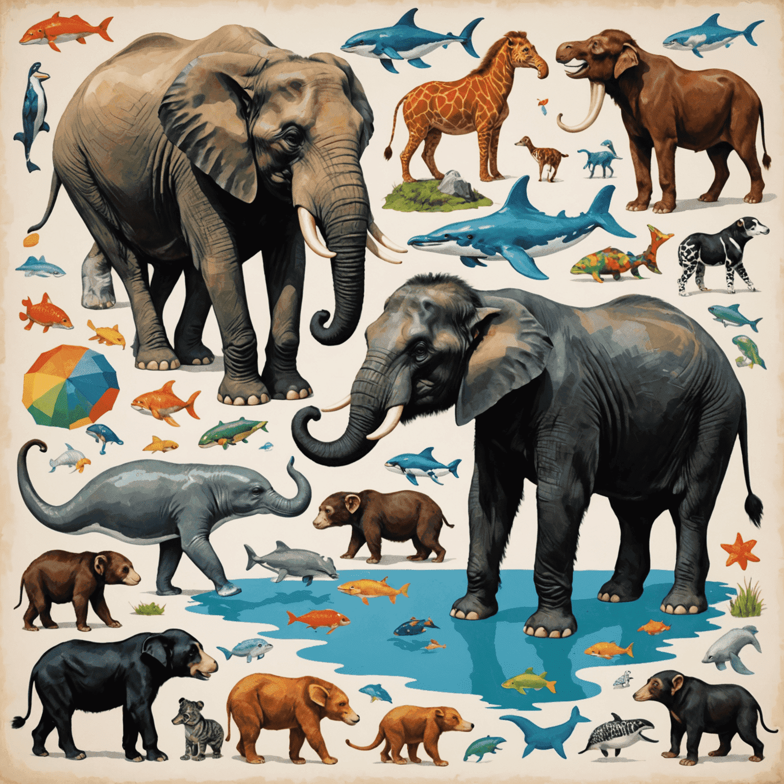 A collage of various animals demonstrating intelligent behaviors: an elephant painting with its trunk, a chimpanzee using tools, a dolphin solving a puzzle, and a border collie arranging toys by shape and color