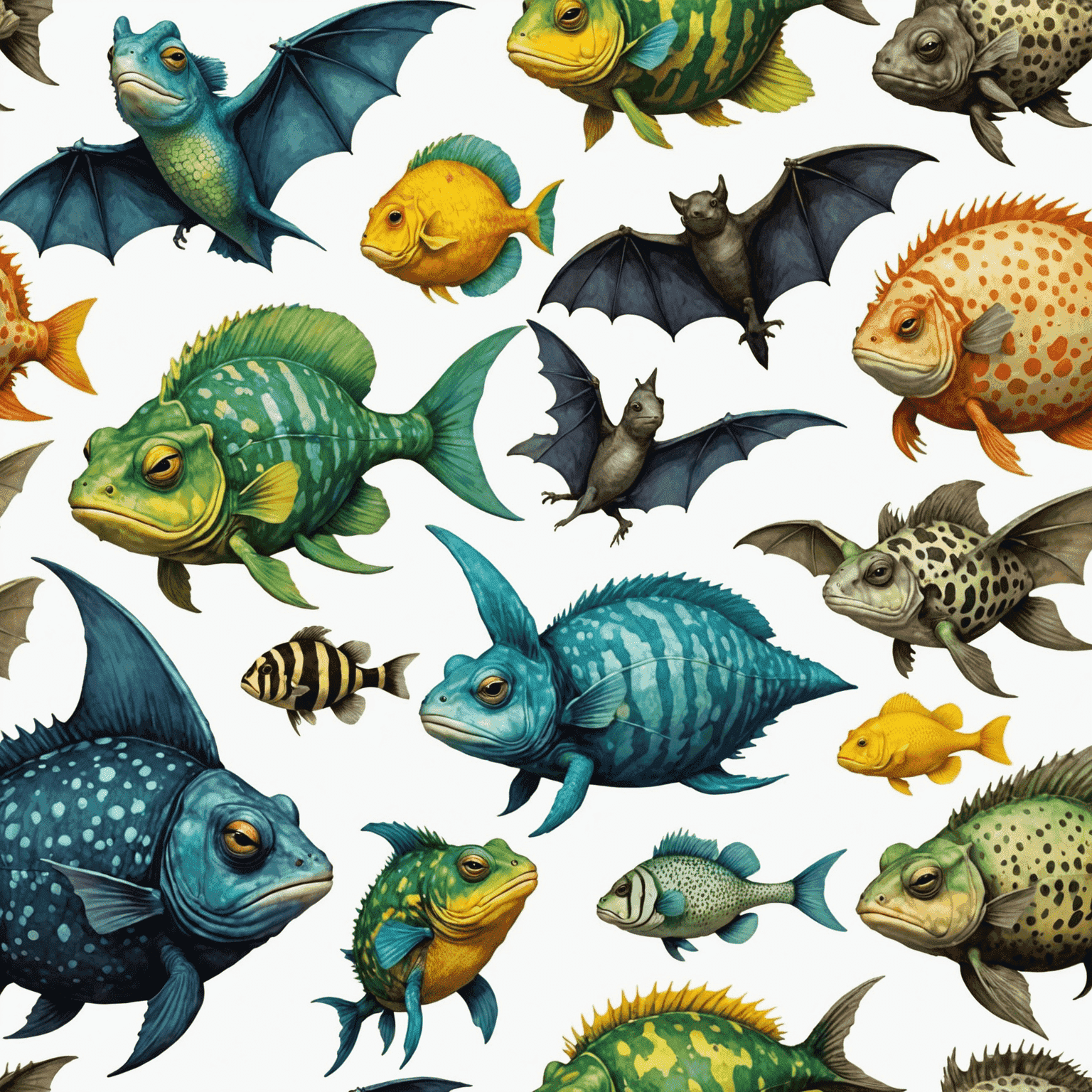 Various animals showcasing unique adaptations like a chameleon changing colors, a bat using echolocation, and a pufferfish inflating itself