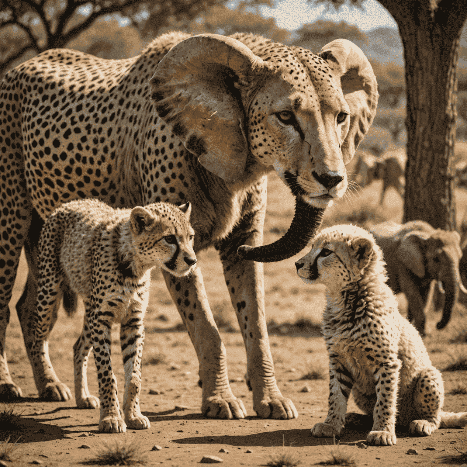 A heartwarming scene of unlikely animal friends, such as a dog and a cheetah playing together, or an elephant and a sheep nuzzling