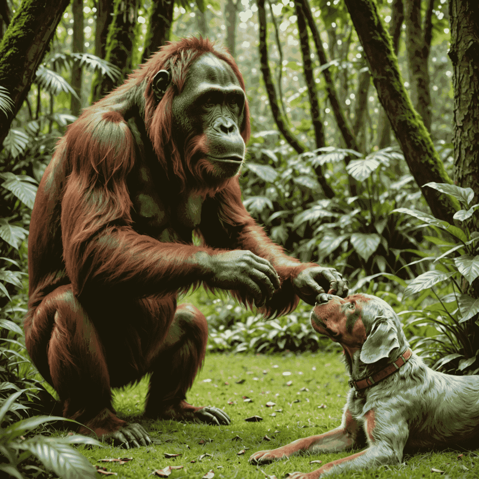 An orangutan and a blue tick hound playing together in a lush green environment, the orangutan gently petting the dog's head