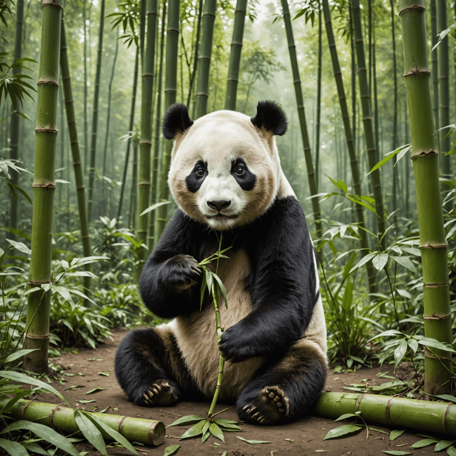 A giant panda munching on bamboo in a lush forest sanctuary, showcasing its improved conservation status