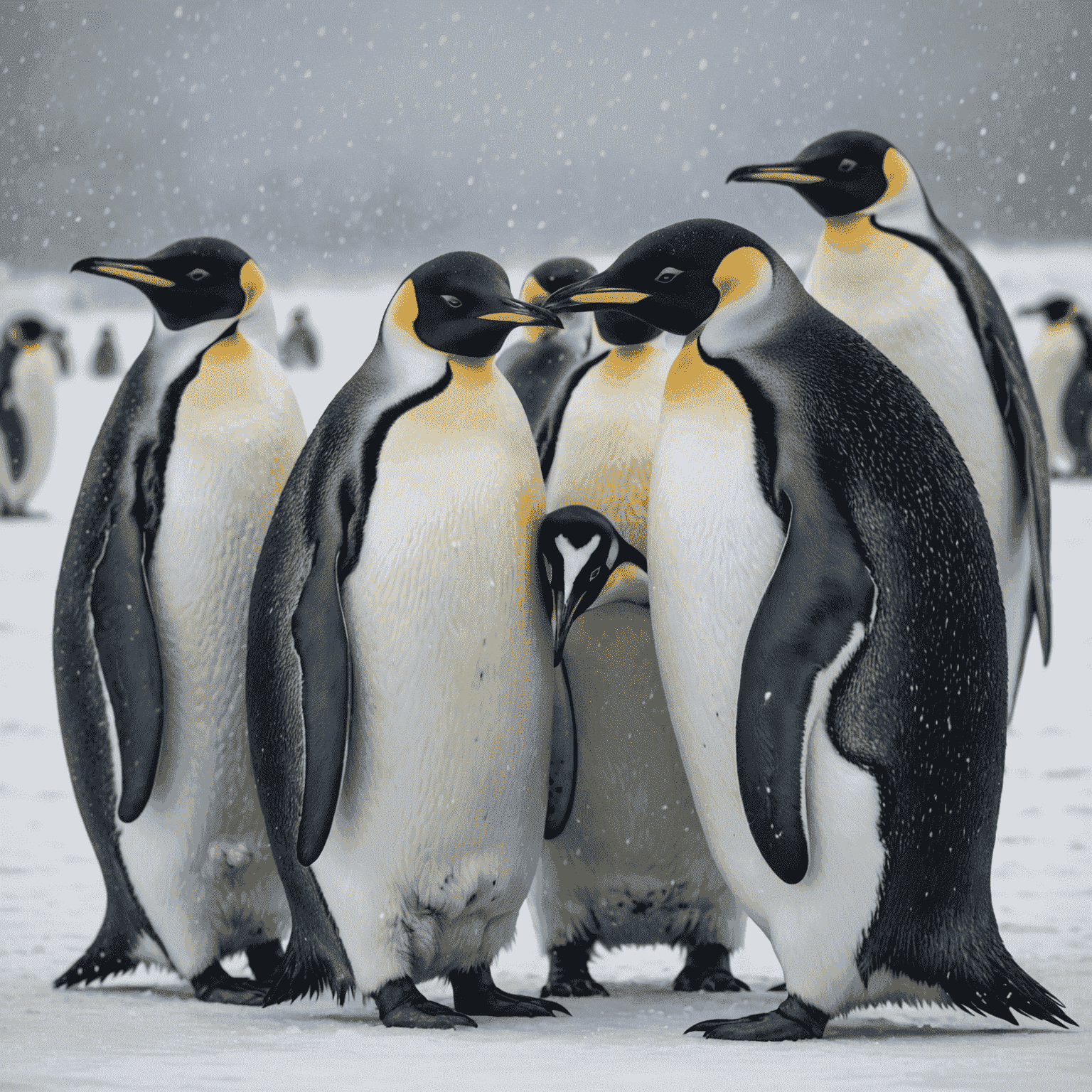 A group of emperor penguins huddled closely together on ice, with a blizzard in the background