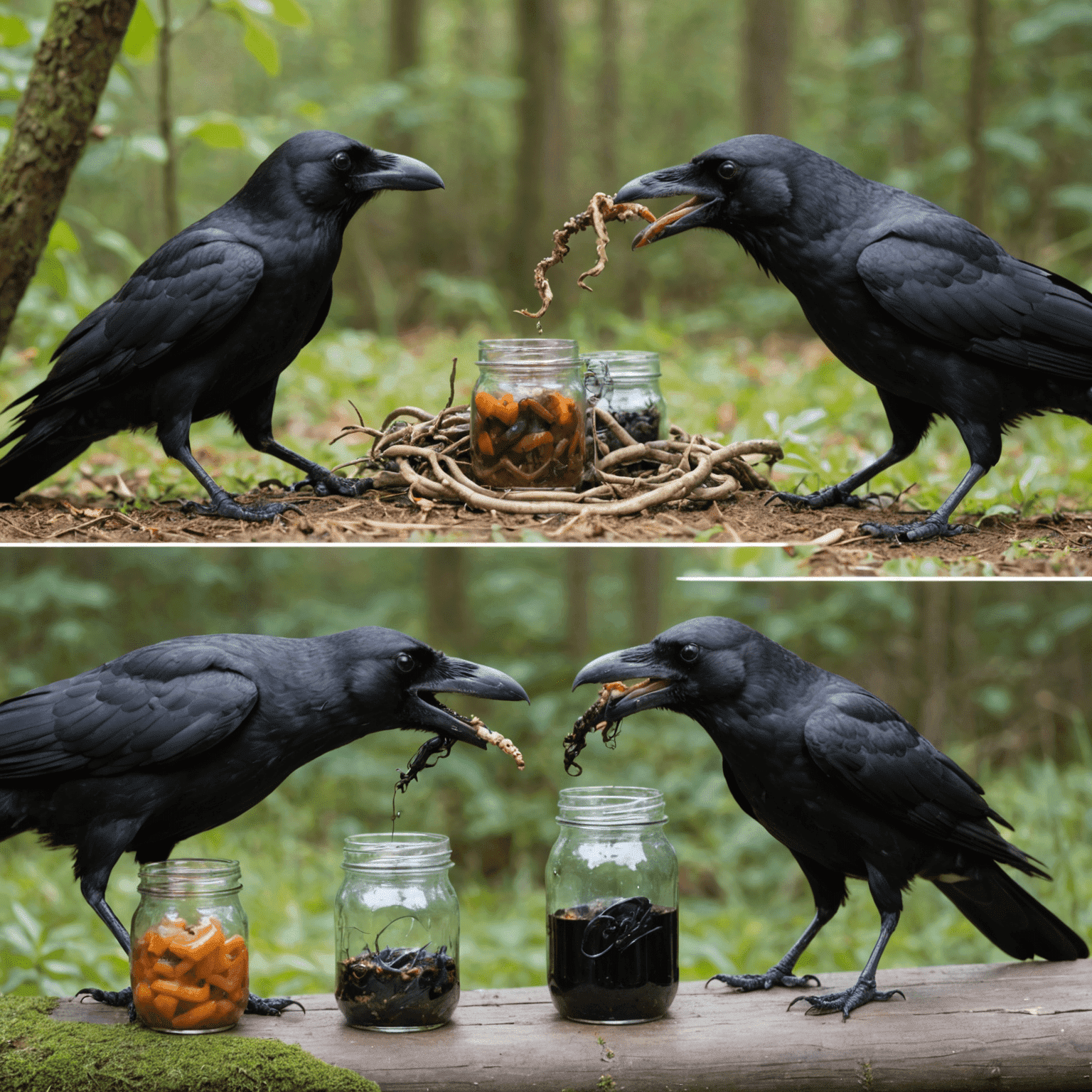 Split image: On the left, a crow using a twig to retrieve food from a narrow tube. On the right, an octopus unscrewing a jar lid to access food inside