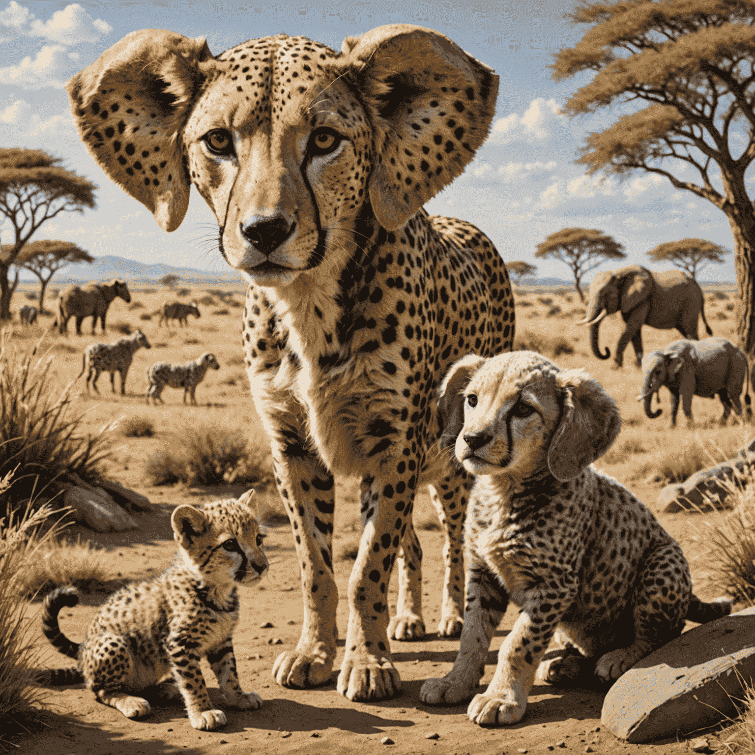 A heartwarming scene of unlikely animal friends, such as a dog and a cheetah playing together, or an elephant and a sheep nuzzling