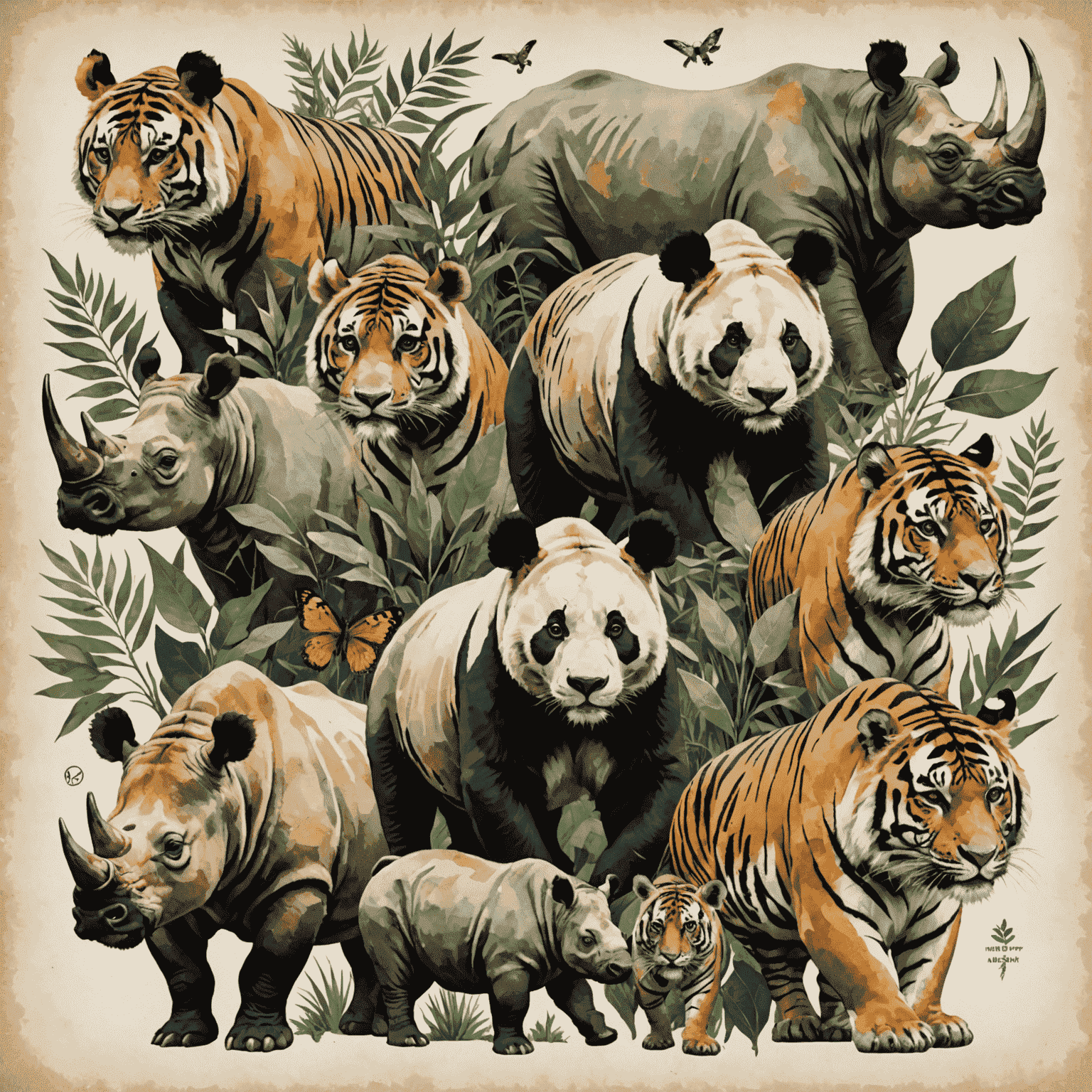 A collage of endangered animals including a panda, rhino, and tiger, with conservation symbols and hopeful imagery