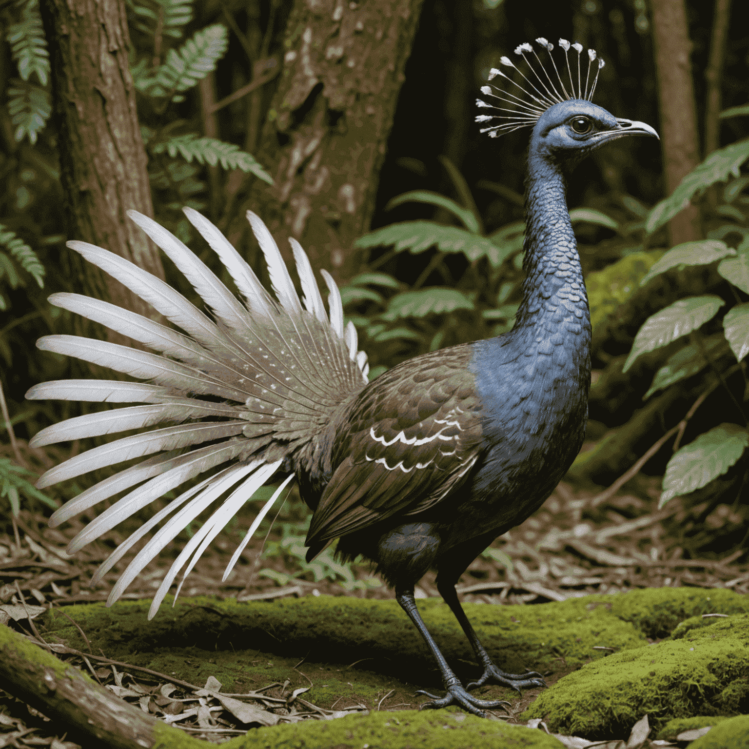 Lyrebird with its tail feathers spread, mimicking various sounds