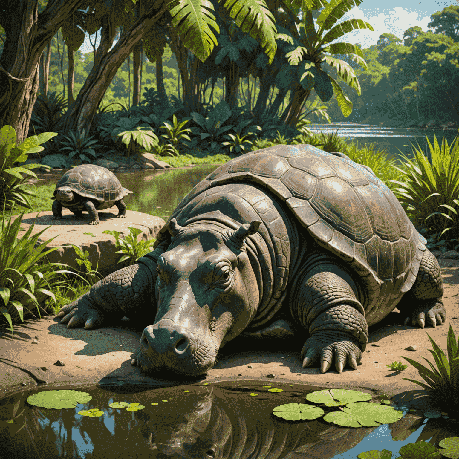 A young hippo resting its head on the shell of a giant tortoise near a pond, surrounded by lush vegetation