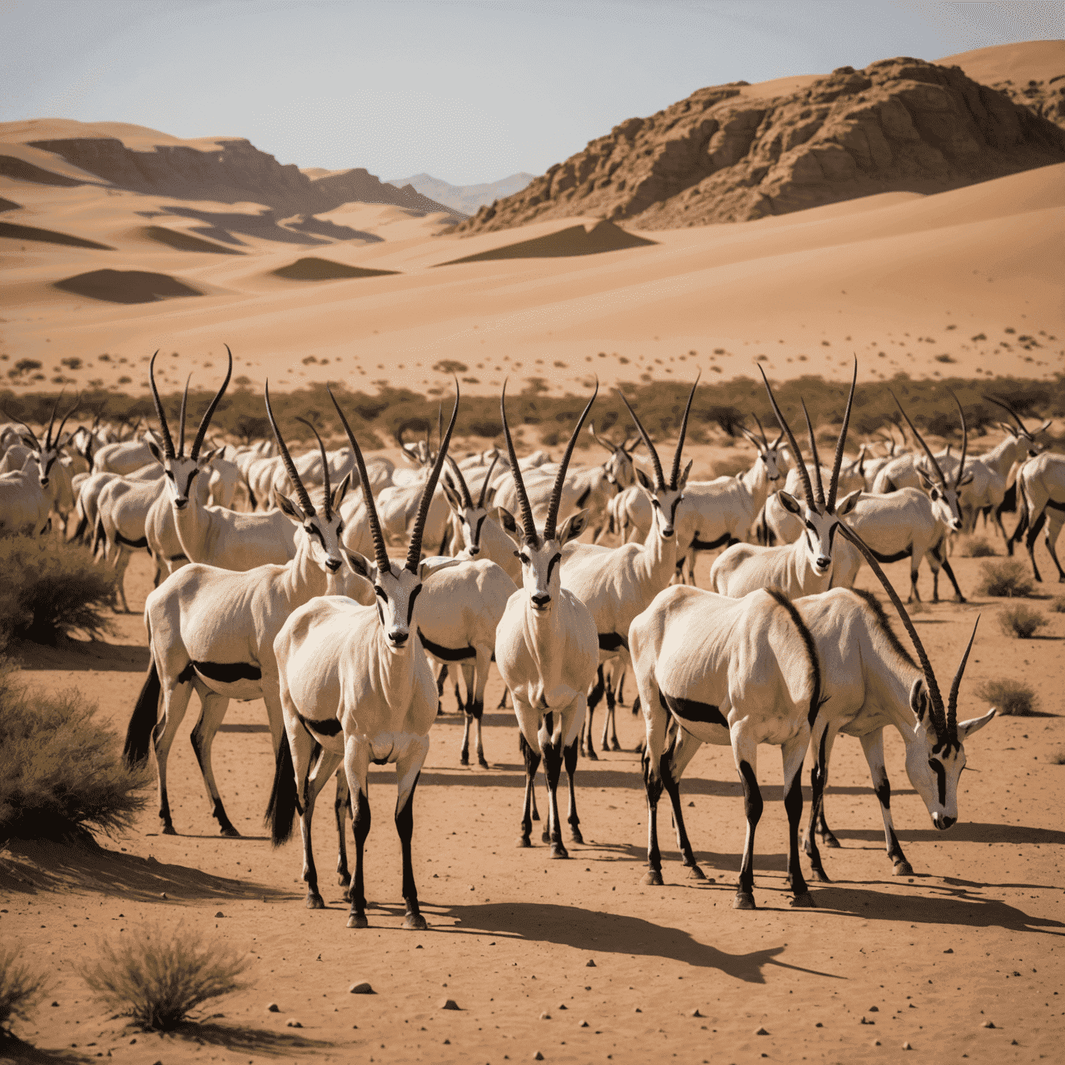 A herd of Arabian oryx grazing in a desert landscape, highlighting their successful reintroduction to the wild