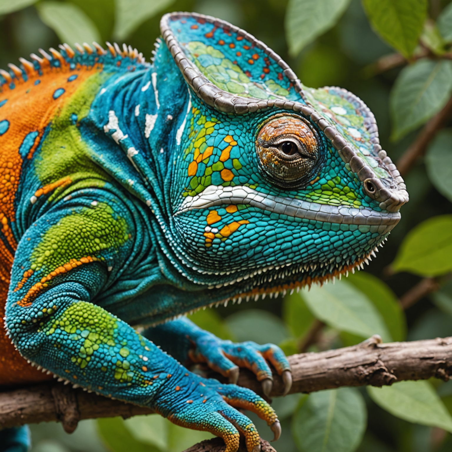 A close-up of a chameleon changing its color from green to a vibrant mix of blue and orange