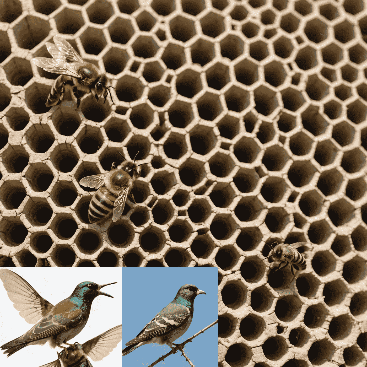 Split image: On the left, a bee navigating a maze with numbers. On the right, a pigeon pecking at a screen displaying medical images, with a researcher observing