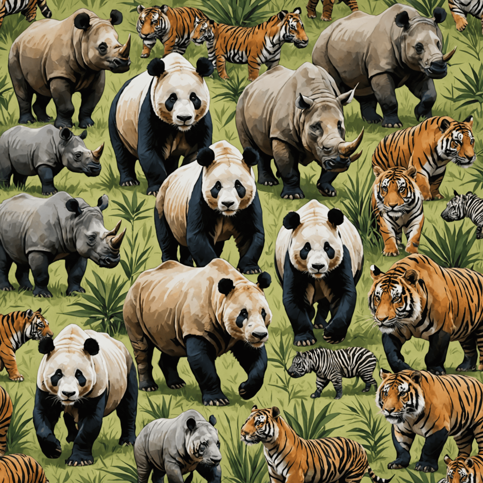 A collage of endangered animals including a panda, rhino, and tiger, with conservationists working to protect them