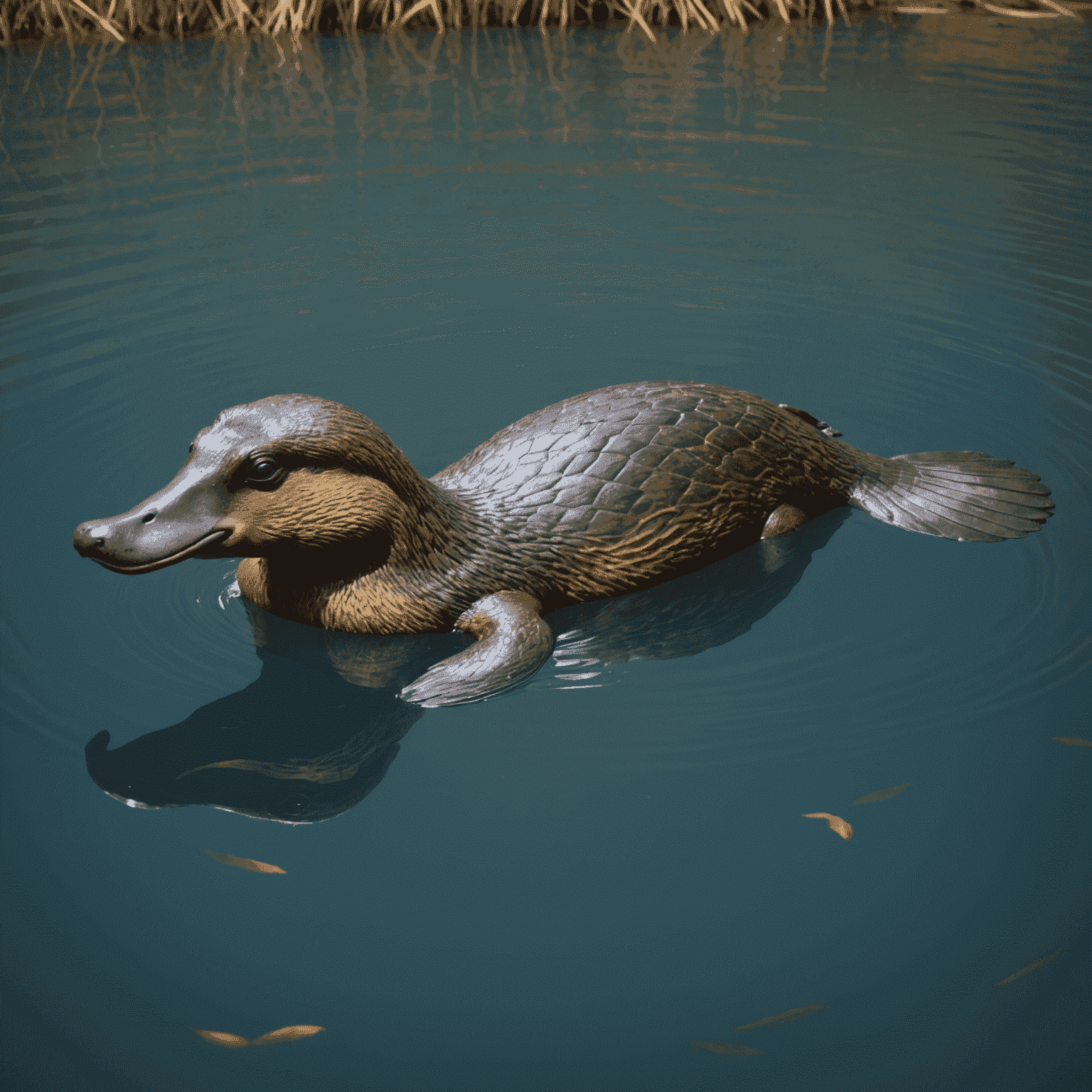 Platypus swimming, showcasing its duck-like bill and beaver-like tail