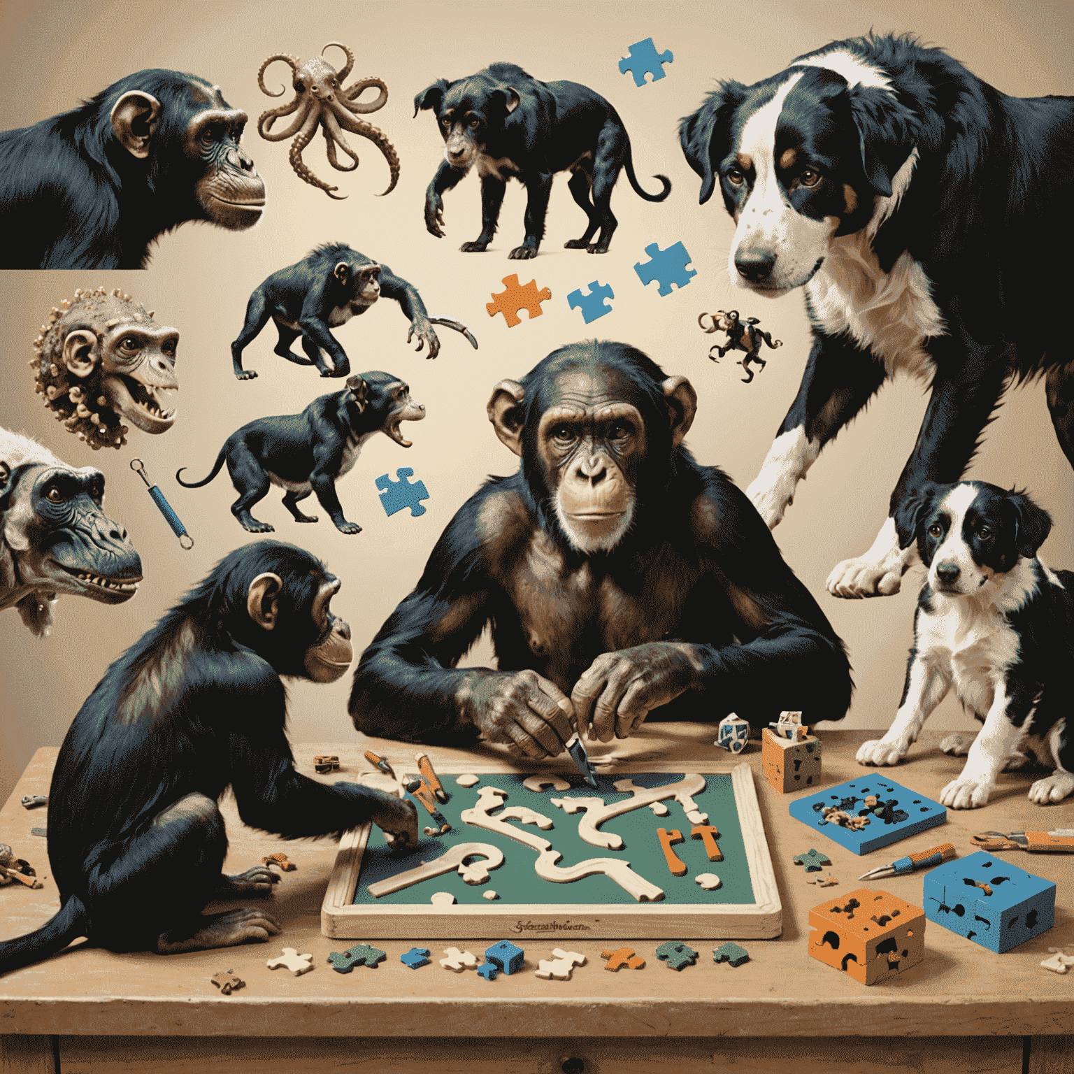 Composite image showing various animals demonstrating intelligence: a chimpanzee using tools, an octopus solving a puzzle, and a border collie learning complex commands