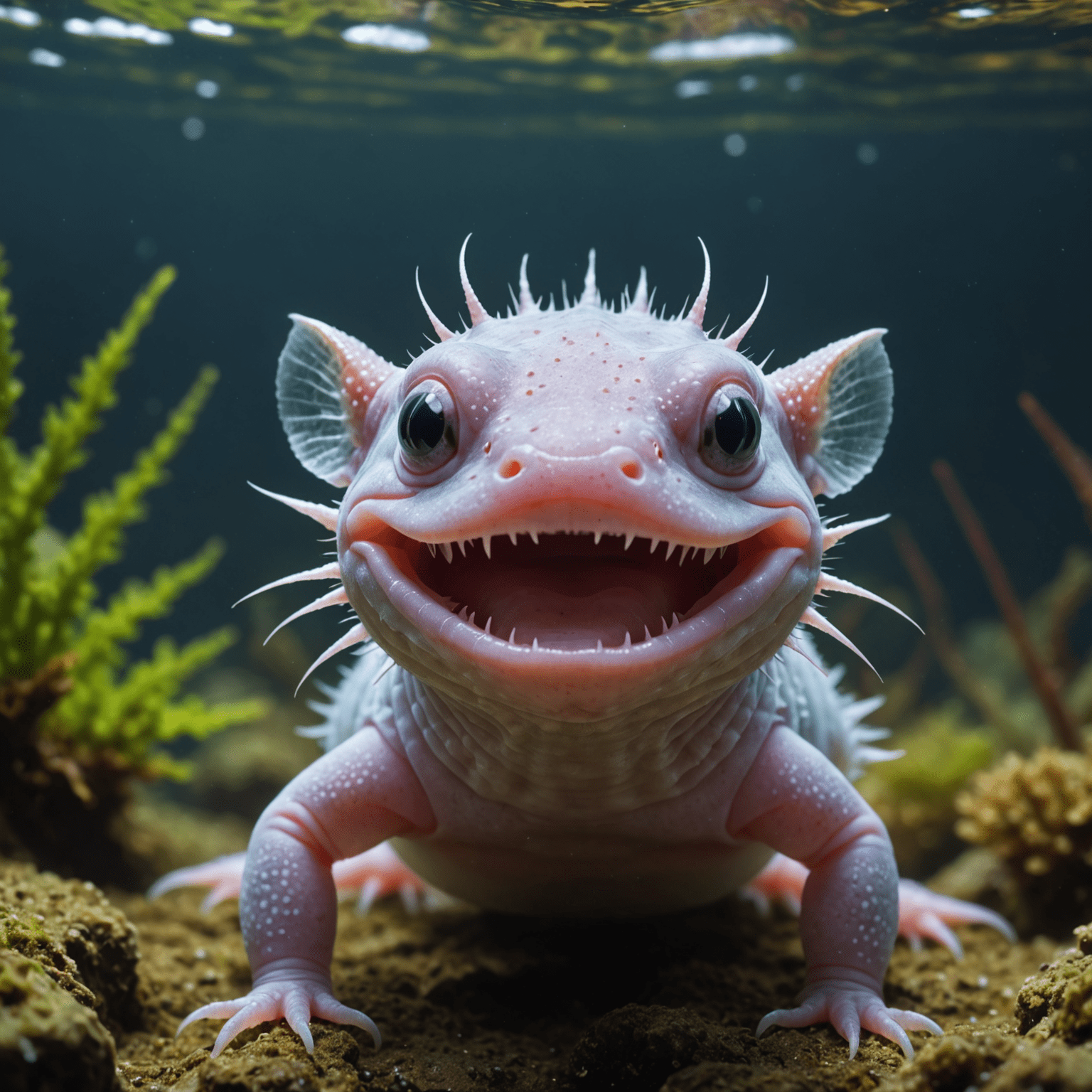 Close-up of an axolotl, focusing on its unique gills and smiling expression